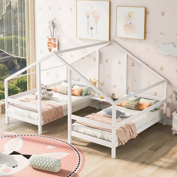 slide 2 of 18, Twin Size Pine Double Bed with A Shared Desktop and Rooftop Style White