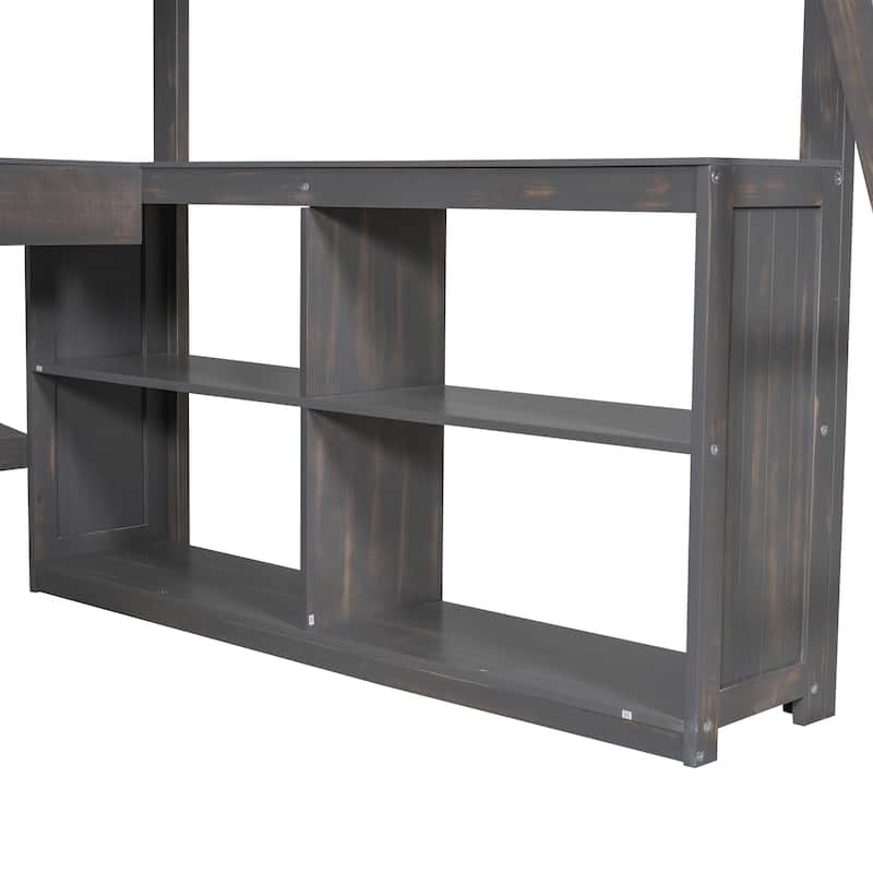 Full Loft Bed with U-Shaped Desk, Storage Drawers, Shelves, and Guardrails, Perfect for Kids and Teens, No Box Spring Needed