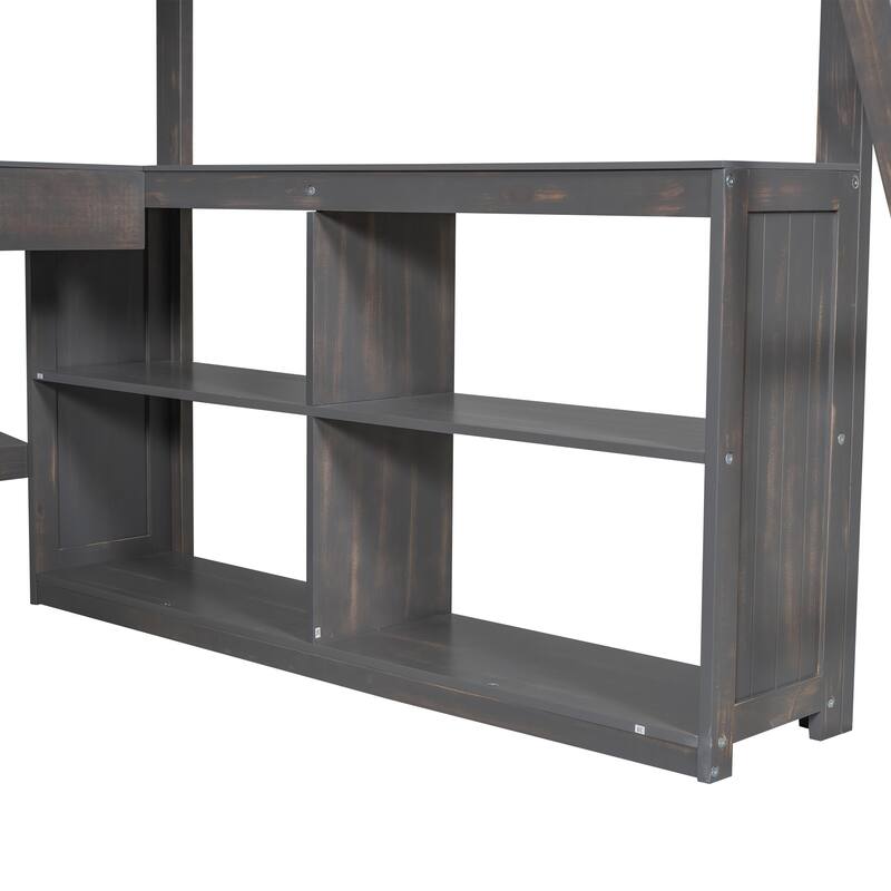 Twin/Full Size Loft Bed with U-Shaped Desk, Drawers, and Storage Shelves for Children's Bedrooms, Guest Rooms