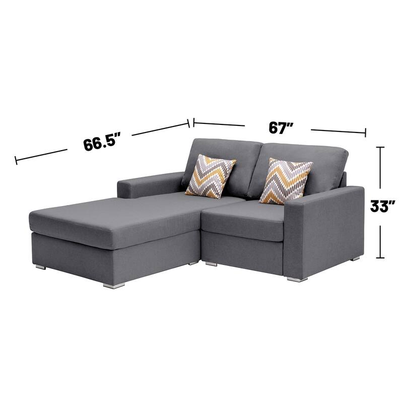 Linen Fabric 2-Seater Reversible Sofa Chaise with Pillows and Interchangeable Legs in Grey