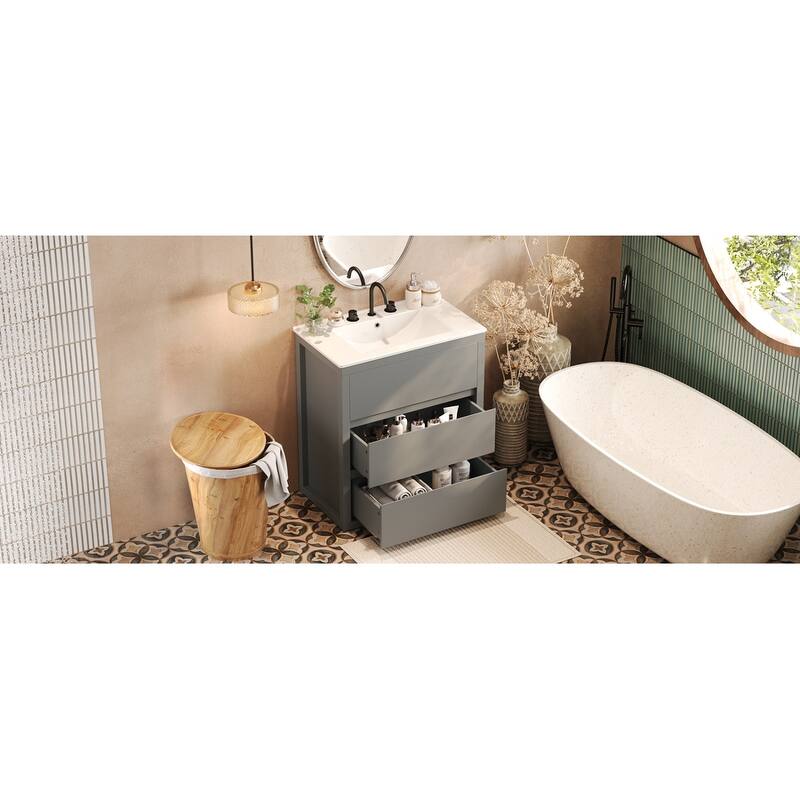 30" Vanity with Sink and 2 Full-Extension Drawers,Freestanding Vanity with 45°,Soft Close Undermount Drawer Slides