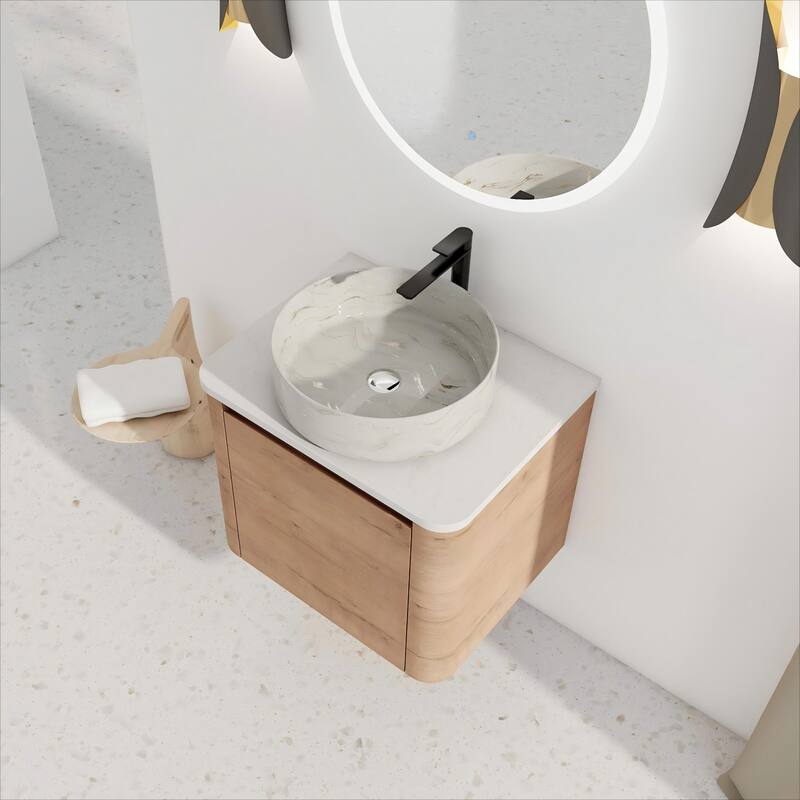 24'' Wall-Mounted Bathroom Vanity With Ceramic Art Sink & 1-Soft-Close Door,KD-Packing, Plywood - Beige