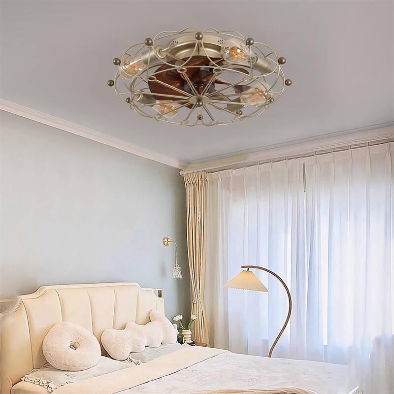 Low Profile Caged Ceiling Fan with Lights Remote Control - N/A - Gold