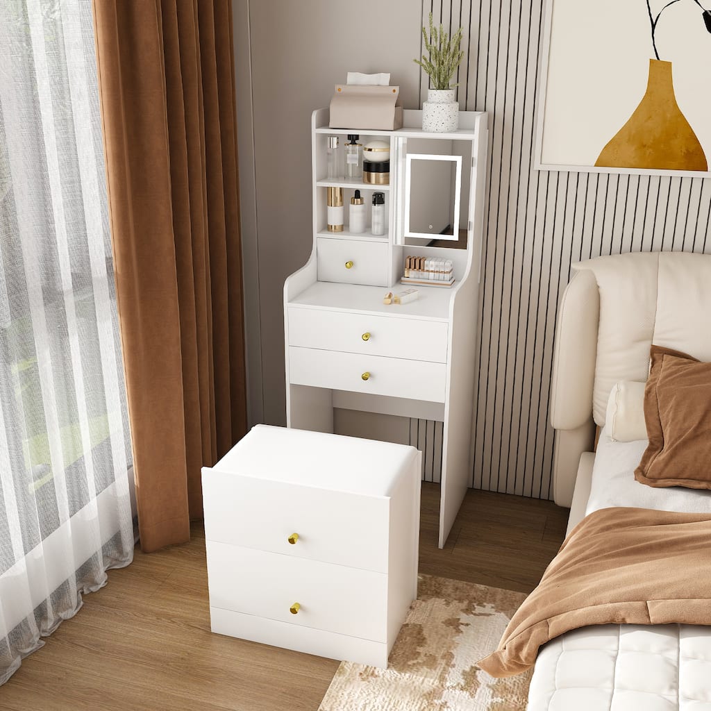 3-in-1 Dressing Table with LED Mirror & Storage Stool - Compact Makeup Vanity with 4 Drawers