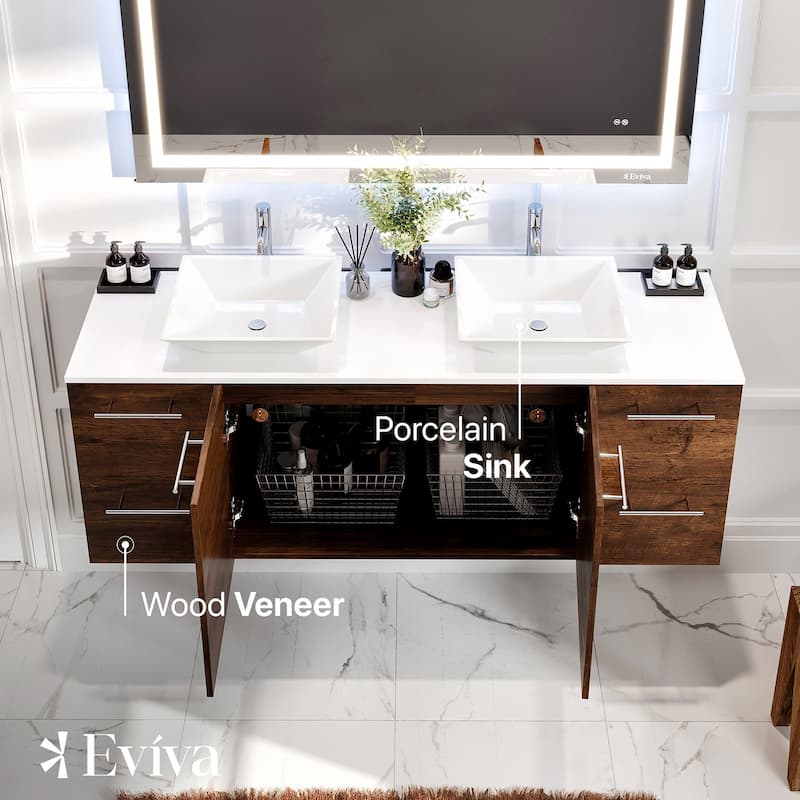 Luxurious 60"W Rosewood DS Bath Vanity with Quartz Top & Vessel Sinks