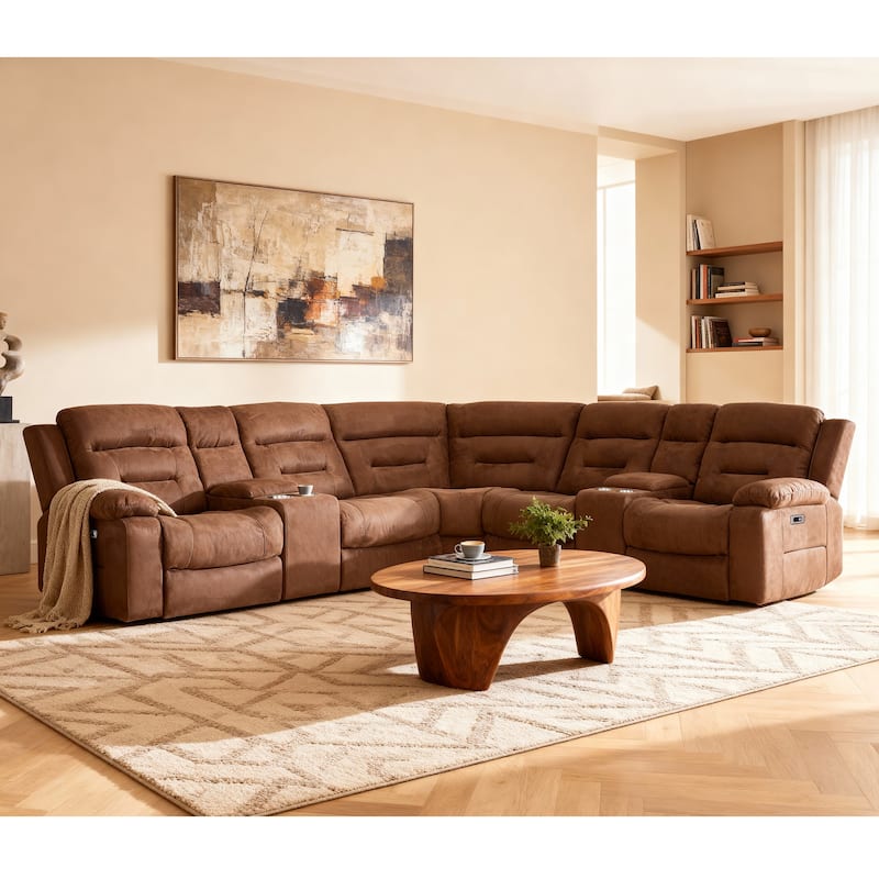 7PCS, 2 Power Recliners, Fabric Reclining Sectional with Power Headrest & Lumber - Brown