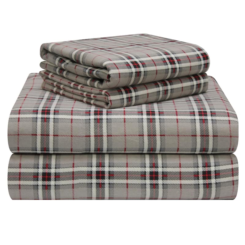 Pointehaven Plaid Luxury Flannel Heavy Weigh 180 GSM 100% Cotton Bed Sheet Set - King - Derby