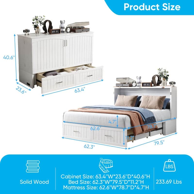 Mixoy Queen Modern Murphy Bed Cabinet with Charge Station,Mattress,Drawers