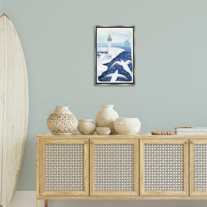 Stupell Snowy Winter Harbor Birds Framed Floater Canvas Wall Art Design By Hannah Moren