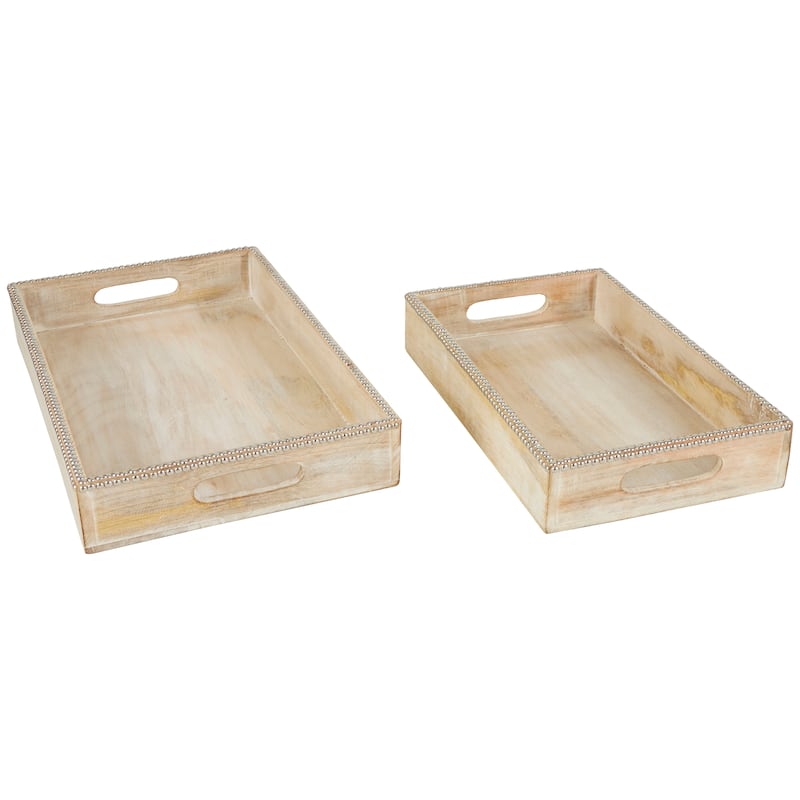 Mango Wood Tray with Silver Beaded Rim - Set of 2 Light Brown - Roche River Decor - 12"W x 19"L x 3"H