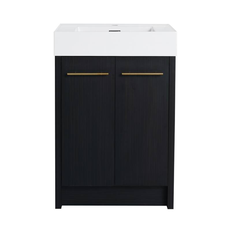 24" Bathroom Vanity with Resin Sink, Soft Close Hinges, Adjustable Storage, Black Chestnut Color, Freestanding Cabinet