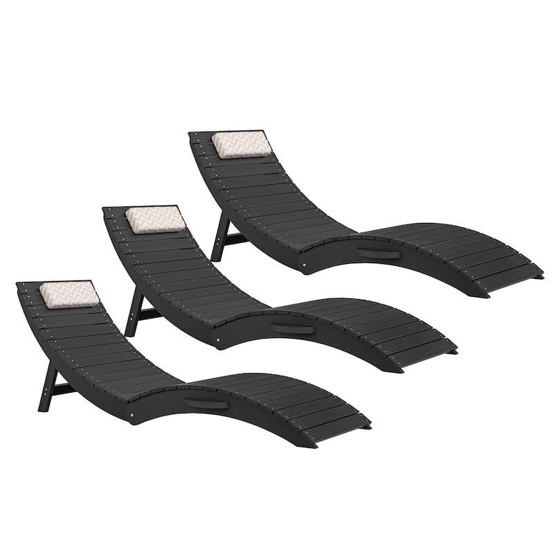 3-Piece Folding HDPS Plastic Outdoor Pool Chaise Lounges with Headrest Cushion