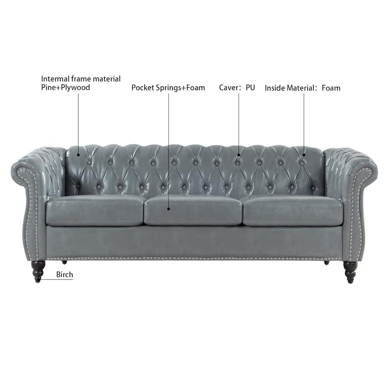84.65" PU Leather Chesterfield Sofa with Rolled Arms (3-Seater)