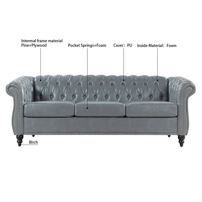 Chesterfield PU Leather 3 Seater Sofa, Upholstered Sofa with Rolled Armrests & Tufted Back, Lounge Sofa with Nailhead Trim
