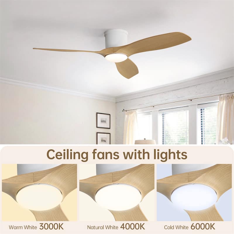 52 Inch Modern Flush Mount Ceiling Fan with Dimmable Led Light
