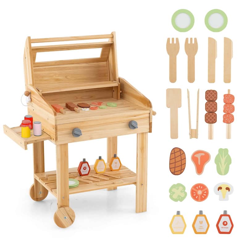 Wooden Play Barbecue Toy Set Kids Grill Play Set w/ Grilling Tools - Natural