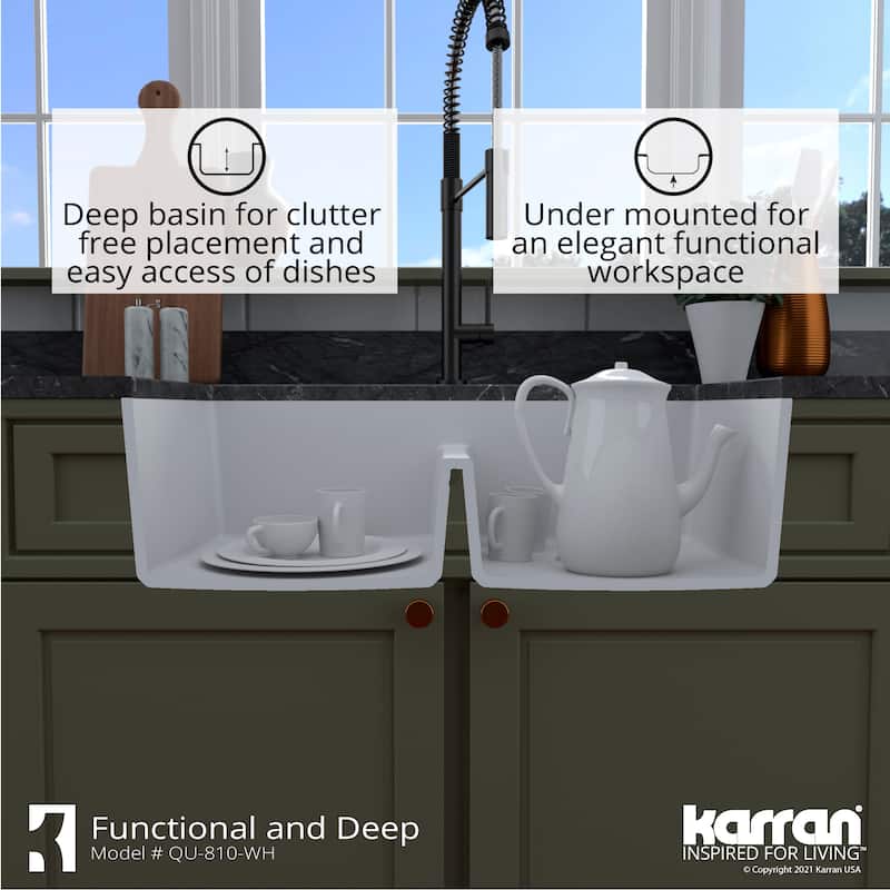 Karran 32" Undermount Double Equal Bowl Quartz Kitchen Sink Kit - 32" x 19.5" x 9"