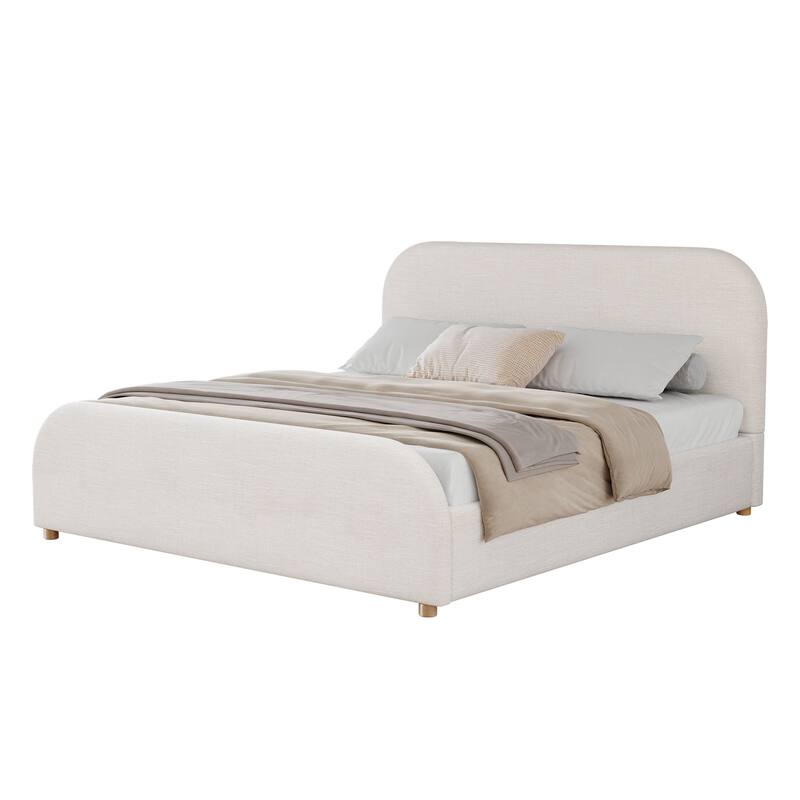 Beige Linen Upholstered Bed Curved Headboard Wingback Frame Low Profile Platform Bed