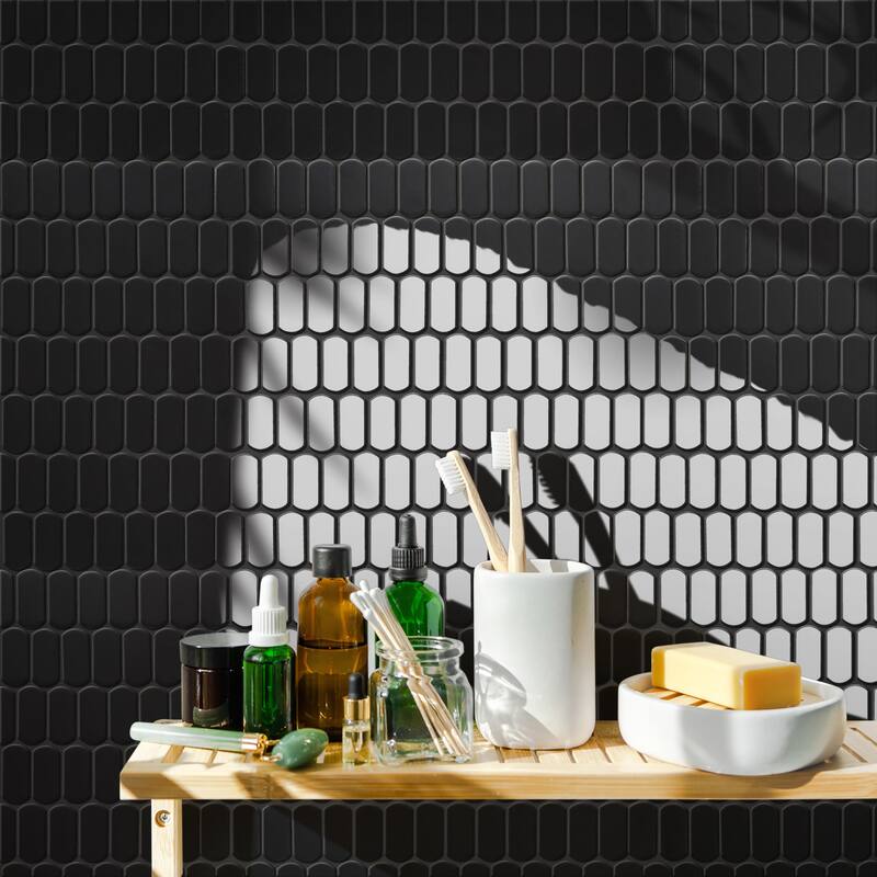 Merola Tile Hudson Capsule Glossy Black 12-1/4" x 13-1/8" Porcelain Mosaic Floor and Wall Tile