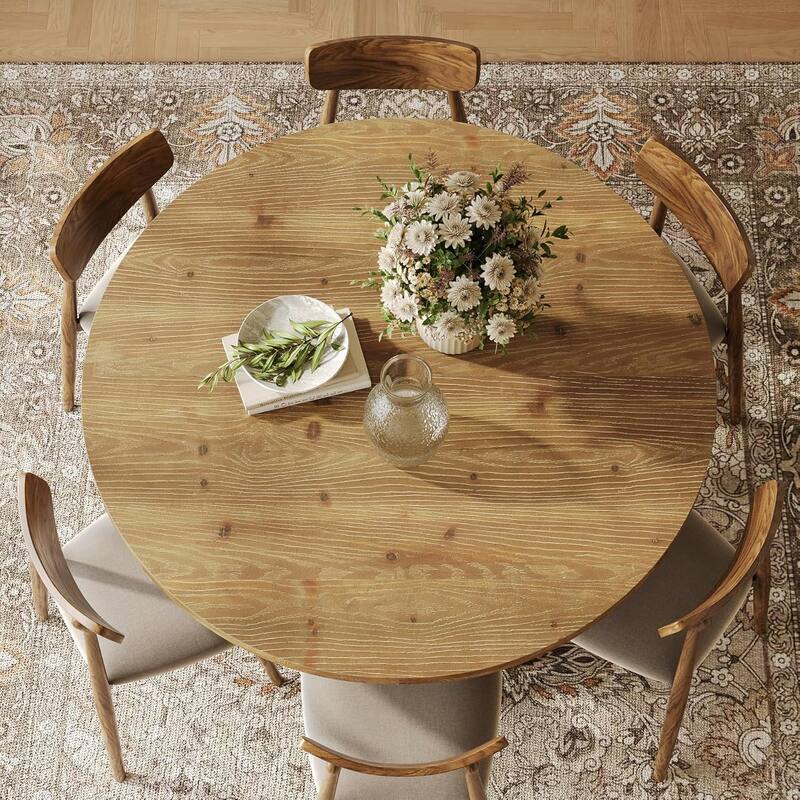 47-Inch Solid Wood Round Dining Table for 6, Circle Dinner Table for Family Gathering, Natural Brown