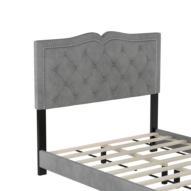 Full Size Upholstered Bed Frame with Rivet Design, Modern Velvet Platform Bed with Tufted Headboard,Grey