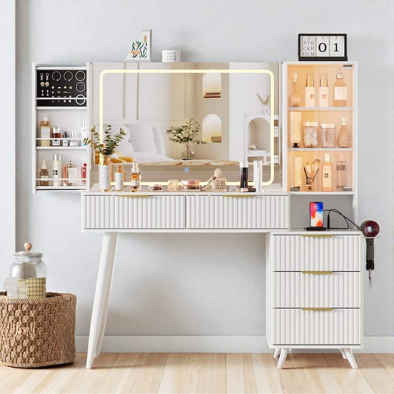 Makeup Vanity with Lighted Mirror, 54" Dressing Table with Glass Top, 11 Storage Drawers & Adjustable LED Lighting - White