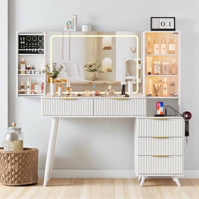 Makeup Vanity with Lighted Mirror, 54" Dressing Table with Glass Top, 11 Storage Drawers & Adjustable LED Lighting