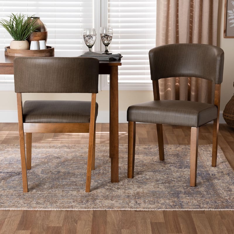 Baxton Studio Montreal Mid-century Dark Walnut Wood Grey Faux Leather Dining Chairs