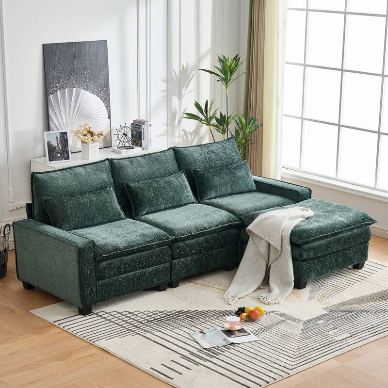 Cloud Chenille L-shaped Sectional Sofa, Deep Seat Couch with Thick Cushions, Movable Ottoman and Waist Pillows for Living Room - Green