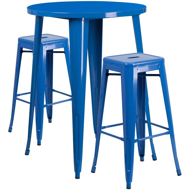 30'' Round Metal Indoor-Outdoor Bar Table Set with 2 Square Seat Backless Stools - 30"W x 30"D x 41"H - 30"W x 30"D x 41"H