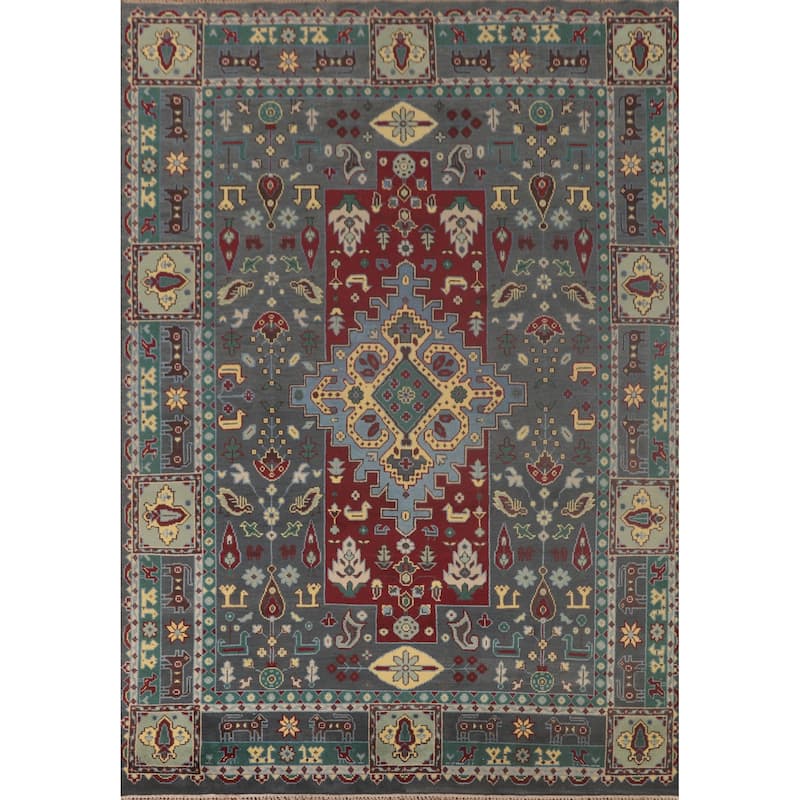 Geometric Grey Kazak Area Rug Handmade Wool Carpet - 8'9"x 11'7"