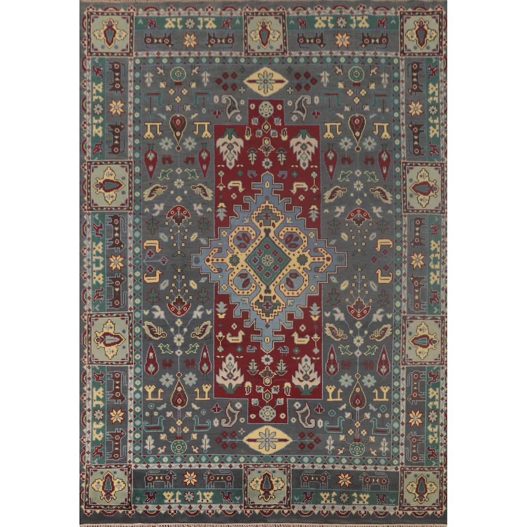 Geometric Grey Kazak Area Rug Handmade Wool Carpet - 8'9"x 11'7"