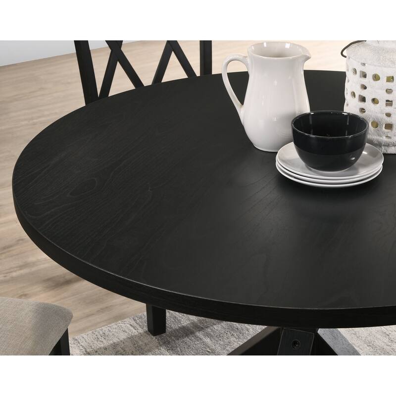 5 Piece Round Dining Table Chair Set , Wood Kitchen Table Set with Solid Wood Pedestal Base and 4 Upholstered Dining Chairs