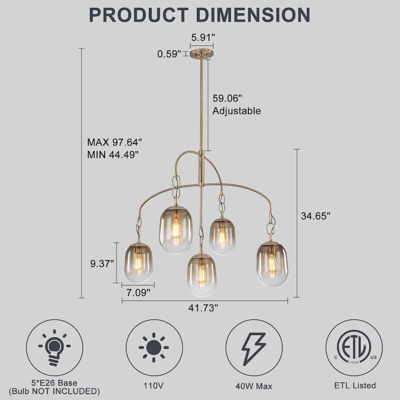 Modern Gold Chandelier Gradient Glass Shades 2-Tier Curved Arm