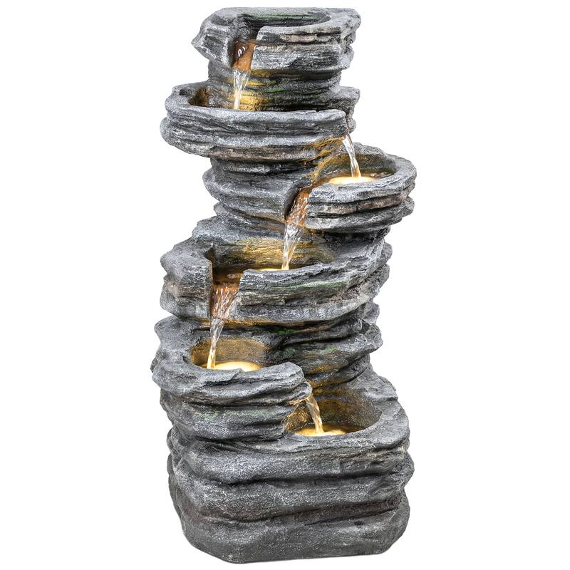 Outsunny 40" Tall Outdoor Waterfall Fountain with LED Lights, 6-Tier Cascading Waterfall Feature with Pump