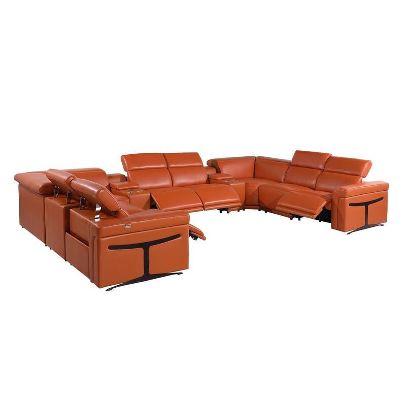 HomeRoots Camel Italian Leather Power Reclining U Shaped Ten Piece Corner Sectional With Console