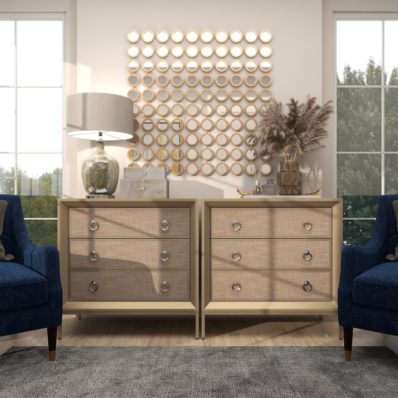 Wooden Upholstered Front Panel 3 Drawer Chest with Mirrored Top and Ring Handles - Beige - Roche River Decor