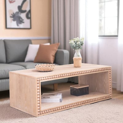 Rustic Beaded Edge Coffee Table 47.6" Rectangular Center Table with Open Storage Shelf Farmhouse Style