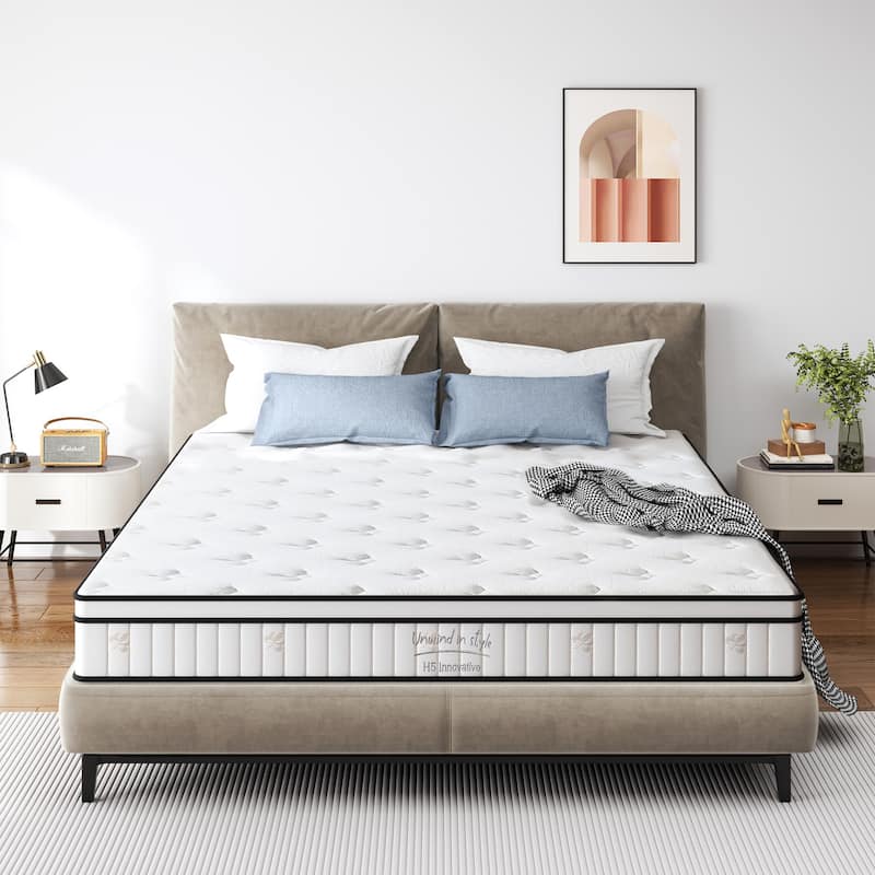 GDFStudio - Meridian 10 Inch Hybrid Memory Foam Mattress,Individually Pocketed Innerspring,Medium Firm - White - Queen - Medium