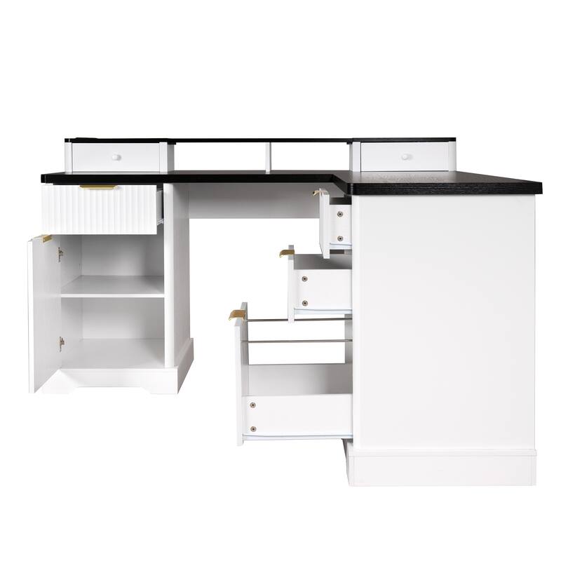 Roomfitters 59" Modern Fluted L-Shaped Desk with Charging Station, Monitor Stand & File Drawer
