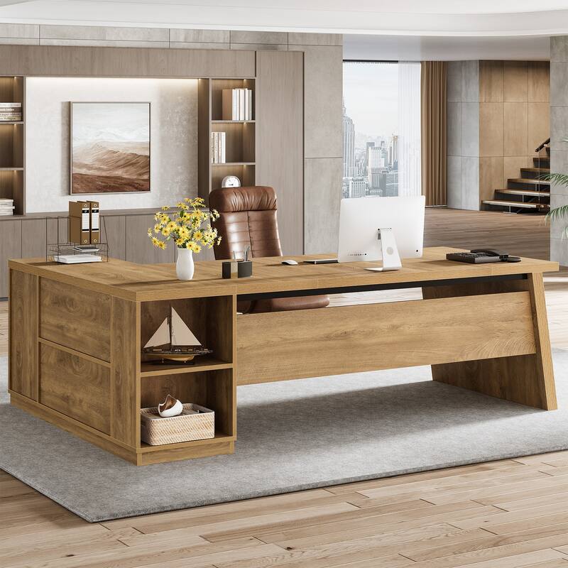 78" L-Shaped Executive Desk with File Cabinet & Shelves, Home Office - Oak