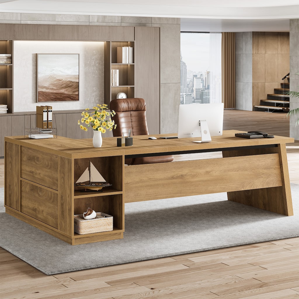 78" L-Shaped Executive Desk with File Cabinet & Shelves, Home Office