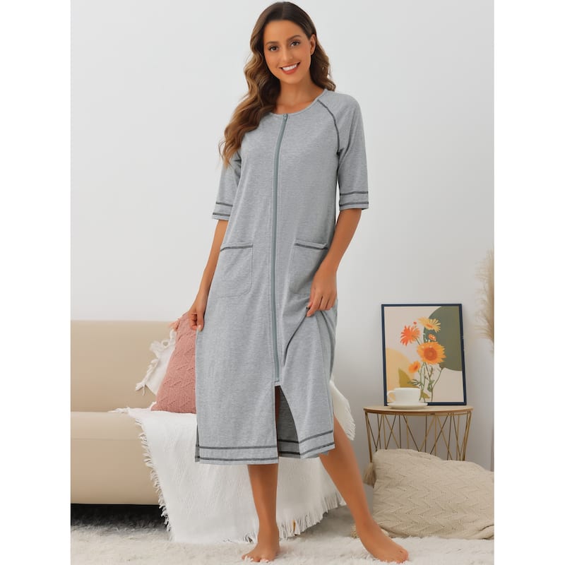 Women Zipper Robe Long Sleeve Loungewear Bathrobe with Pockets