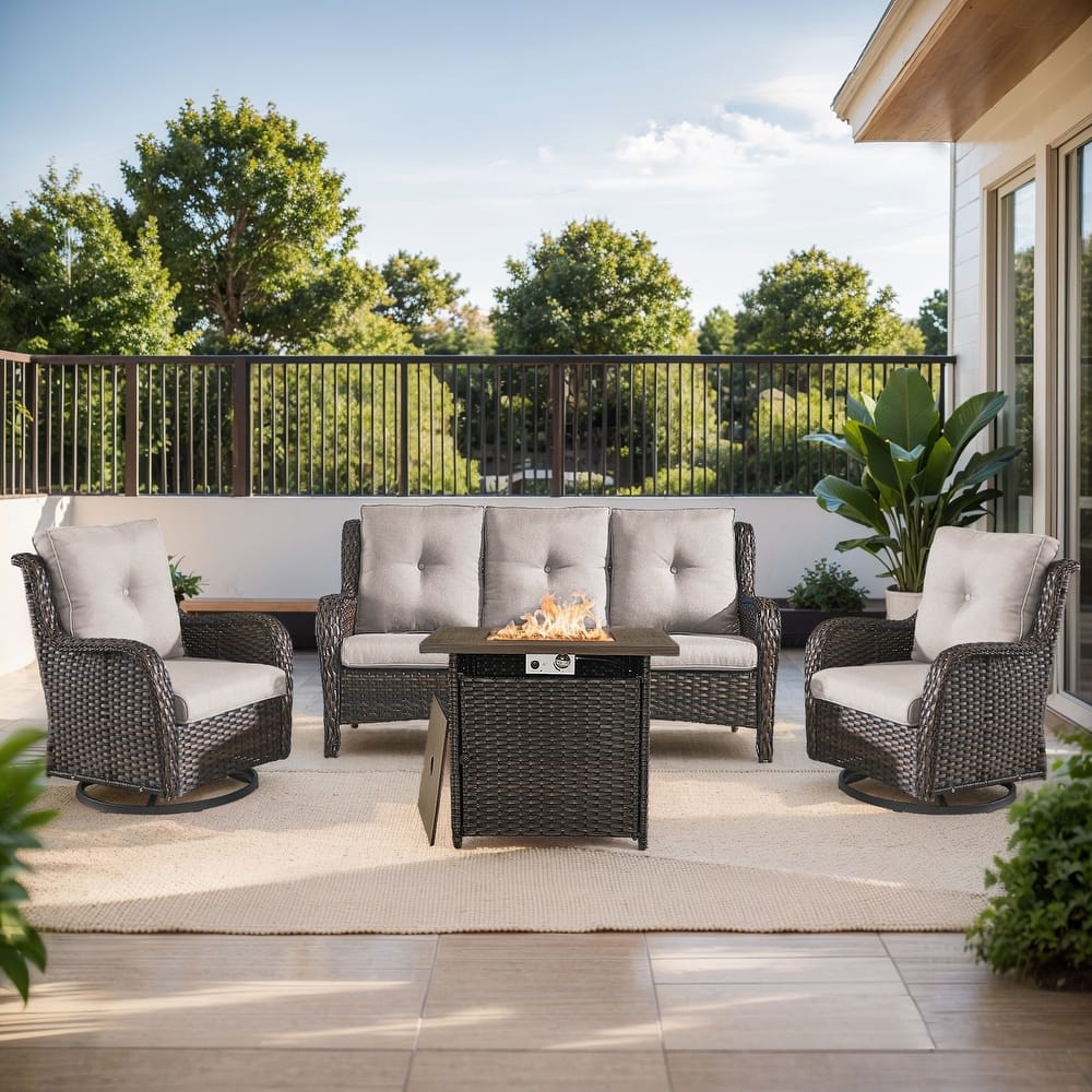 Gymojoy 4-Piece Outdoor Furniture Set, 2 Swivel Glider Chairs, 3-Seat Sofa & 55K BTU Fire Pit Table