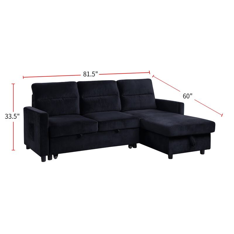 Velvet Reversible Sleeper Sofa with Storage Chaise in Black