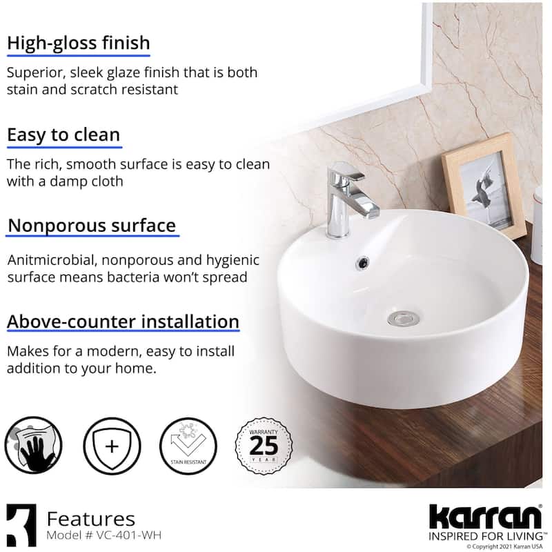 Karran USA VC-401 Valera 18-1/8" Circular Vitreous China Vessel