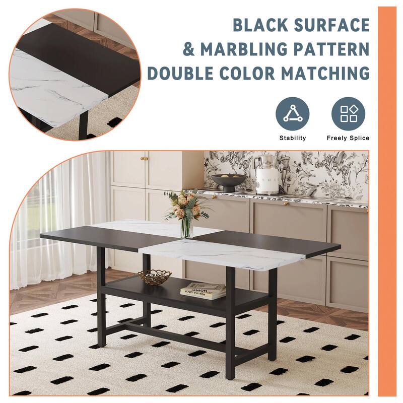Dining Table with Storage, Scratch-Resistant MDF White & Black Top, Linen-Cotton Chairs, Iron Pipe Spraying Legs