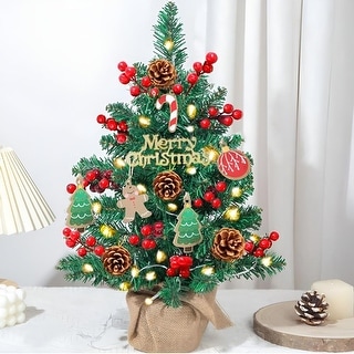 23.6" Tabletop Christmas Tree, Artificial Mini Xmas Pine Tree with LED String Lights Ornaments, Holiday Decoration - 18