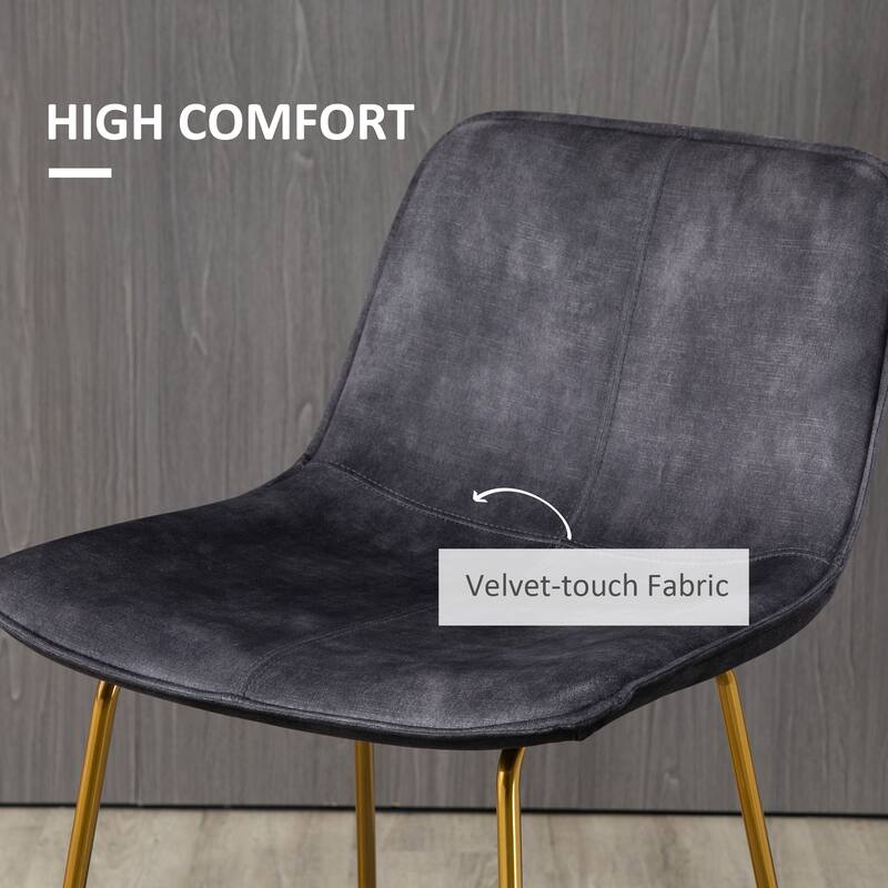 HOMCOM Tall Bar Stools, Set of 2, Velvet-Touch Fabric Bar Chairs, Bar Stools with Gold-Tone Metal Legs for Dining Area