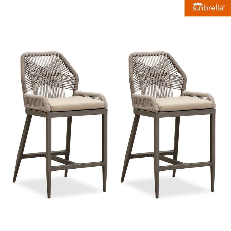 PURPLE LEAF Patio Sunbrella Bar Stools Set of 2 Handwoven Wicker Bar Height Stool Modern Aluminum High Bar Chairs - Light Grey-Khaki(24.8'H)